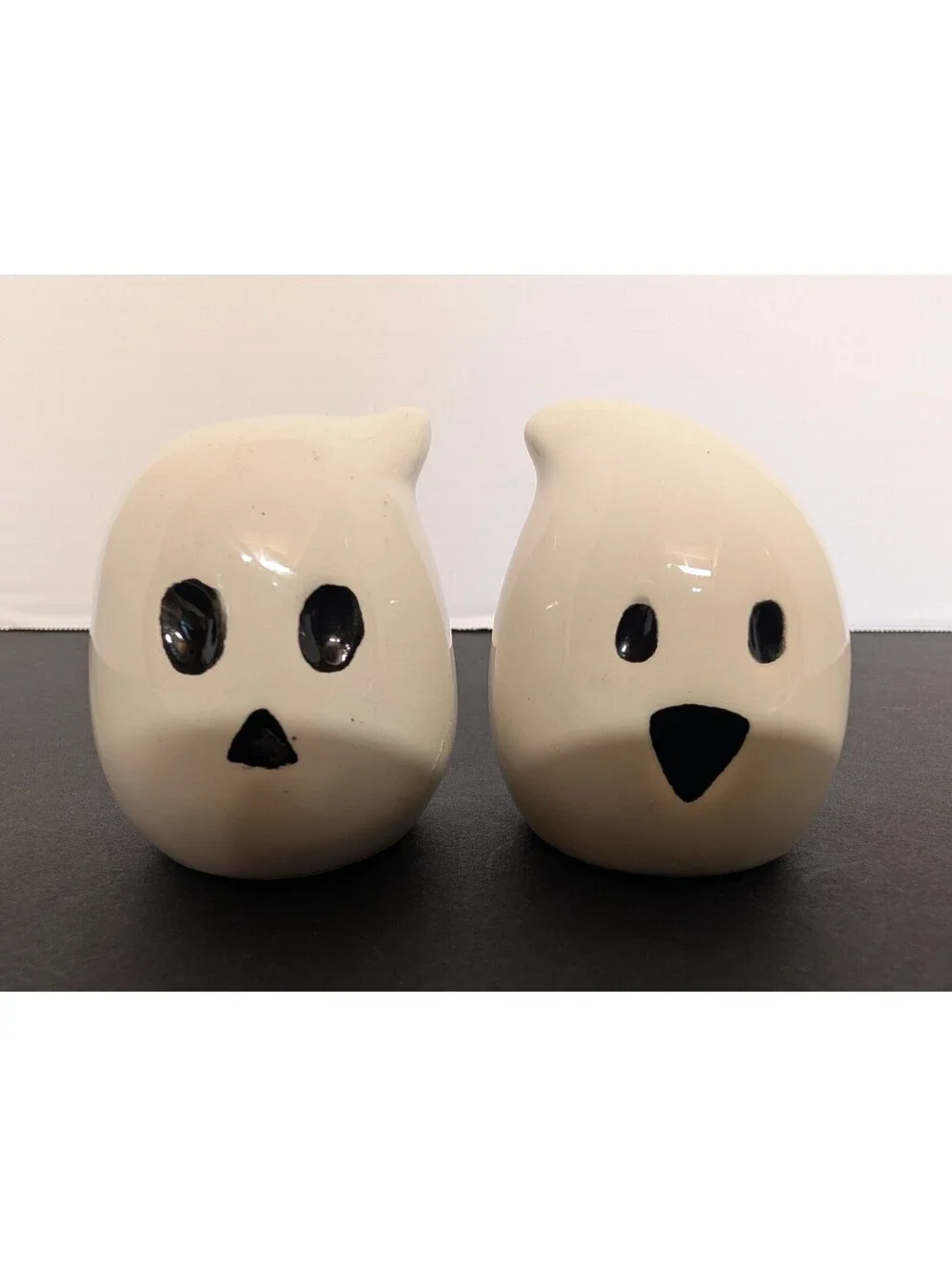 Cute White Ceramic Ghost Salt and Pepper Shakers W/ Painted Black Eyes & Mouth